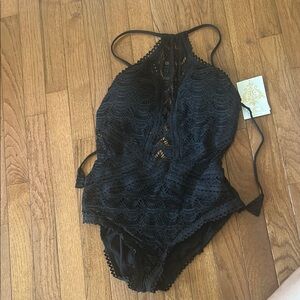 BECCA-Black Lace Halter Swimsuit